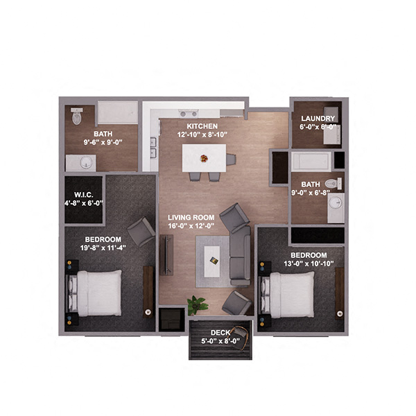 Floor plan for 2 beds, 2 baths, 1256 sqft